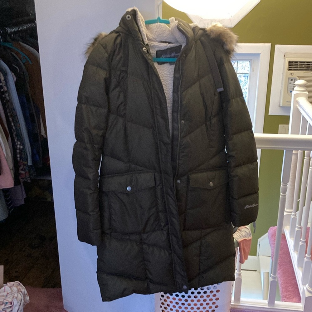 Eddie Bauer Olive Green Puffer Coat with Faux Fur Hood